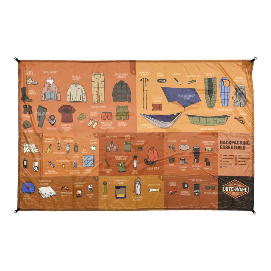 colorful poly fabric cloth with backpacking essential checklist prints on it laying flat on snowy grass